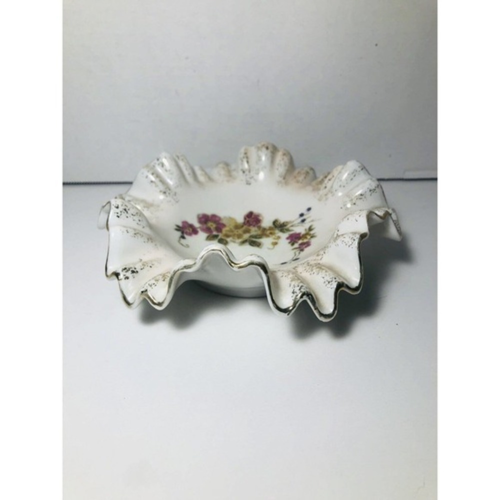 Vintage Candy Dish By Bond Ware L&M - Gold Trimmed Floral Ruffled Dish - Picture 3 of 10